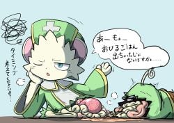 absurd_res ambiguous_gender anthro blue_eyes clothed clothing festi3334 fur gore hi_res japanese_description japanese_text kemono solo speech_bubble text white_body white_fur