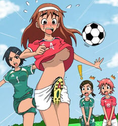 4girls braces breasts crotch_grab cunt_punt female multiple_girls soccer soccer_ball soccer_shoes soccer_uniform