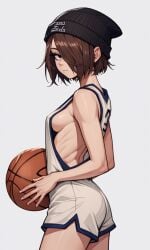 1girls ai_generated ash_(kosine1777) basketball basketball_(ball) basketball_uniform beanie beanie_hat black_beanie brown_hair hair_over_one_eye holding holding_object jersey kosine1777 kosineverse original original_character short_hair sideboob small_breasts valbun_style