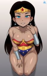 1girls areola ass big_ass big_thighs black_hair blue_eyes blush breasts clothed clothing dc dc_comics female female_focus female_only jmg long_hair looking_at_viewer medium_breasts nipples sweat sweatdrop sweating tagme thick_hips thick_thighs thighs wonder_woman wonder_woman_(series)