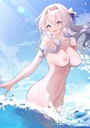 :d absurdres bare_arms bare_shoulders beach black_hairband blush breasts cowboy_shot day elanore female firefly_(honkai:_star_rail) grey_hair hair_between_eyes hair_ornament hairband highres honkai:_star_rail honkai_(series) large_breasts long_hair looking_at_viewer navel nipples nude smile standing stomach two-tone_eyes wading water