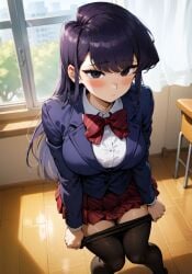 1girls ai_generated black_hair black_pantyhose blazer blue_jacket blush bowtie classroom dante_a.i. komi-san_wa_komyushou_desu komi_shouko long_hair pantyhose_pull pleated_skirt school_uniform skirt solo undressing