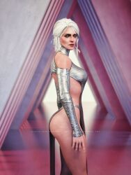 3d ass ciri clothing dress female freckles gnome02 green_eyes light-skinned_female looking_at_viewer mascara scar solo the_witcher_(series) the_witcher_3:_wild_hunt white_hair