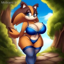 ai_generated antro badger big_breasts blue_lingerie blue_panties blue_stockings female female_only furry_female mobians sticks_the_badger thick_thighs wide_hips