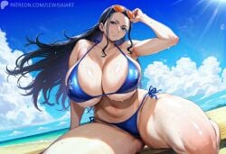 1girls ai_generated beach bikini black_hair female female_only huge_breasts lewisai long_hair nico_robin no_sex one_piece outdoors sunglasses sunglasses_on_head