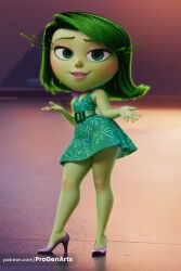 1girls ai_generated belt breasts choker colored_skin disgust_(inside_out) disney dress full_body green_dress green_eyes green_hair green_skin hi_res high_heels inside_out inside_out_2 looking_at_viewer pixar progenarts purple_footwear sleeveless small_breasts smile solo standing watermark