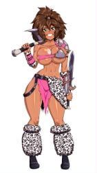 abs animal_print armor axe barbarian bracer breast_plate breasts camila_(investorinlewds) cleavage dark-skinned_female fur fur_boots fur_skirt fur_trim gal galbarian green_eyes gyaru gyaru_gal hourglass_figure large_breasts loincloth looking_at_viewer oppai_forge pauldron pinup slim_waist smile smiling snow_leopard_spots sword thick_thighs thin_waist weapon weapon_over_shoulder wide_hips