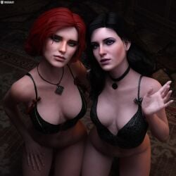 2girls 3d black_hair bra breasts collar female freckles light-skinned_female missally no_panties purple_eyes red_hair the_witcher_(series) the_witcher_3:_wild_hunt triss_merigold yennefer