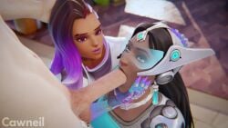 1boy 2girls 3d 3d_animation assisted_fellatio cawneil dark-skinned_female fellatio ffm_threesome interracial latina latina_female light-skinned_male makeup oral overwatch sombra sound sucking sucking_penis symmetra tagme threesome video