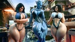 2girls1futa 3d asari asari_futanari ashley_williams blue_penis futanari huge_cock large_breasts liara_t'soni mass_effect miranda_lawson rigid3d