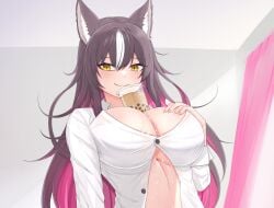 1girls animal_ears big_breasts boba_tea breasts brown_hair bubble_tea chisaka_airi convenient_breasts female female_only huge_breasts indoors kuroyamii6 light-skinned_female light_skin no_bra phase_alias phase_connect room solo virtual_youtuber yellow_eyes