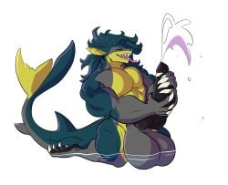 3:4 abs alpha_channel anthro balls biceps big_balls big_penis bodily_fluids brom_(sahurus) claws closed_eyes cum ejaculation erection fangs fin fish genital_fluids genitals green_body grey_body hi_res huge_balls huge_cock hyper hyper_balls hyper_genitalia hyper_penis kneeling male marine muscular muscular_male paws pecs penis rtf-m shark smile solo stroking_penis tail teeth tongue tongue_out water yellow_body