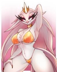 anthro avian big_breasts bikini bird breasts clothing demon feathers female fullpillow_(artist) gradient_background helluva_boss hi_res owl owl_demon red_eyes simple_background solo stella_(helluva_boss) swimwear white_body white_feathers