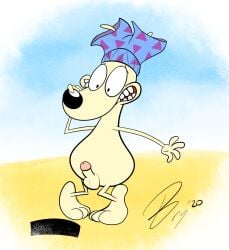anthro balls censor_bar clothing embarrassed erection fur genitals humanoid_genitalia humanoid_penis looking_down macropod male mammal marsupial nickelodeon nude penis rocko's_modern_life rocko_rama solo squirrelfromthesouth swimming_trunks swimwear tan_body tan_fur teeth wallaby