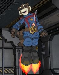 anthro black_boots black_clothing black_footwear blue_bodysuit blue_clothing blue_skinsuit bodysuit boots clothing ejaculation electrostimulation flying footwear guardians_of_the_galaxy hi_res how-did-we-get-here male mammal marvel procyonid raccoon rocket_boots rocket_raccoon shoes skinsuit solo tight_clothing unzipped_bodysuit