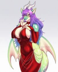 2024 2_horns anthro armwear big_breasts blush breasts bridal_gauntlets cleavage clothed clothed_anthro clothed_female clothing dragon dress emanuela_(dragonmaster2653) female green_body hair hip_wings hollow_hip_backless_chain_dress horn long_hair looking_at_viewer membrane_(anatomy) membranous_wings multicolored_body mythological_creature mythological_scalie mythology purple_eyes purple_hair red_armwear red_bridal_gauntlets red_clothing red_dress scalie side_slit_dress solo story story_in_description tan_body tongue tongue_out two_tone_body unusual_wing_placement white_horn wide_hips wings zeveth