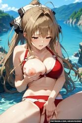 ai_generated amagi_brilliant_park ariavisions brown_eyes brown_hair fingering_self holding_breast long_hair moaning ribbon sento_isuzu sidelocks sweat