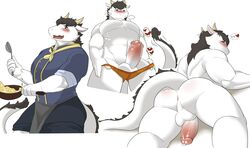 2018 barazoku blush briefs clothing collage cooking dragon eastern_dragon food heart horn kemono lying male male_only muscular on_front precum presenting sheeporwolf simple_background solo standing steam underwear undressing uniform white_background