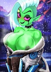 alien alien_girl alien_humanoid big_breasts big_nipples collar ear_ring edit edited green_skin huge_breasts huge_nipples lord_dominator mei mei_(overwatch) milkers overwatch overwatch_2 sexy_dress shadbase shadman wander_over_yonder white_hair