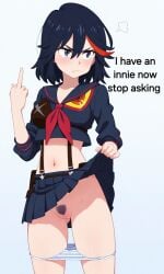 ai_generated annoyed_expression blue_eyes innie_pussy kill_la_kill lonelylady matoi_ryuuko middle_finger multicolored_hair pants_down pubic_hair school_uniform skirt_lift