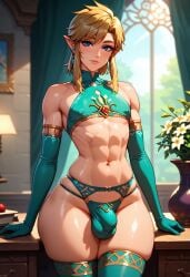 ai_generated big_ass big_butt blonde_hair blue_eyes bulge bulge_through_clothing crop_top ear_piercing elf elf_ears femboy flaccid flat_chest gerudo gerudo_link gloves lingerie link panties skimpy slim_waist small_penis stockings thick_thighs twink underwear