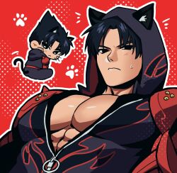 1boy bara big_pecs chest cover_them_up_slut jin_kazama male male_focus male_only meme no_visible_genitalia reik49 solo solo_focus tekken tekken_8