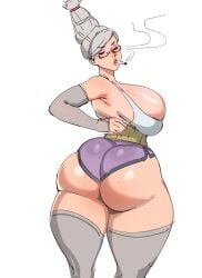 1boy asolhoe ass ayase_seiko big_ass big_breasts big_butt busty casual_clothes cigarette cigarette_in_mouth cleavage clothed curvaceous curves curvy curvy_body curvy_female dandadan dolphin_shorts fat_ass female female_only freckles_on_ass gilf glasses grandma grandmother granny huge_breasts huge_butt huge_cock large_ass large_breasts large_butt light-skinned_female light_skin old_woman older_female revealing_clothes short_shorts shorts shounen_jump smoke smoking smoking_cigarette tagme thick thick_ass thigh_highs thighhighs thighs white_background white_hair