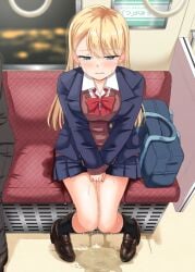 1girl 1girls bag between_legs black_footwear black_socks blazer blonde_hair blue_eyes blue_jacket blue_skirt blush bow bowtie collared_shirt comiket_103 commentary_request ear_piercing full_body half-closed_eyes hand_between_legs highres jacket knees_together_feet_apart layered_sleeves long_hair miniskirt omorashi original parted_lips peeing peeing_self piercing pigeon-toed pleated_skirt puddle red_bow red_bowtie red_sweater_vest school_bag school_uniform shirt shoes sitting skirt socks solo sweater_vest tears train_interior tsuttsu urine white_shirt