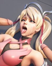 3d ahe_gao ahegao_face ai_generated alvoric blonde_hair blue_eyes clothed cum_on_face cumshot mercy on_ground overwatch pink_mercy tongue_out