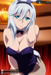 ai_generated big_ass big_breasts blue_eyes bunny_ears bunny_girl bunny_tail bunnysuit curvy curvy_figure female hand_on_head juanpiamvs la_folia_rihavein long_hair looking_at_viewer patreon patreon_username silver_hair standing strike_the_blood subscribestar subscribestar_username watermark