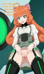 ai_generated bow flashing_pussy green_eyes happy_expression innie_pussy lonelylady orange_hair penny_polendina rwby shaved_pussy thighhighs