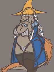 340m/sec belly big_ass big_breasts black_mage blue_panties blush breasts female final_fantasy final_fantasy_tactics_advance furry hand_on_breast huge_breasts nu_mou plump robe sketch solo standing tail thick_thighs thighhighs underwear wizard_hat