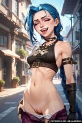 ai_generated arcane arcane_jinx ariavisions blue_hair braids jinx_(league_of_legends) laughing long_hair purple_eyes pussy tattoos undressing wet_pussy