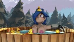 1girls 3d :3 blue_hair breasts female_only forest jacuzzi mickel_lel outdoors robotic_arm rubber_duck sfm smg4 tari_(smg4) trees