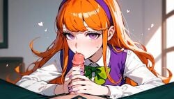 ai_generated blush button_down_shirt cock_kiss daphne_blake erection focused green_bowtie hands_on_penis impending_blowjob just_the_tip kissing_penis kissing_penis_tip looking_at_viewer mahamoan on_bed on_stomach orange_hair penis playing_penis_like_flute playing_skinflute pov pov_crotch pov_handjob purple_skirt purple_vest reaching_towards_viewer red_hair scooby-doo style_imitation uncensored white_button_down_shirt younger_female