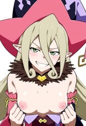 1girls 2d aerolae ai_generated blonde_hair blush breasts breasts_focus commentary_request execro female flashing_breasts green_eyes grin highres magilou_(tales) nipples novelai pink_nipples pov pov_male presenting_breasts small_breasts smirk solo tales_of_(series) tales_of_berseria uncensored