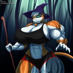 1girls abs anthro biceps big_breasts breasts cleavage clothing crop_top feline female female_only hat mrmelted muscular muscular_female original png sarah_(mrmelted) shorts solo sweat sweaty_body tail thick_thighs thunder_thighs wide_hips witch_hat