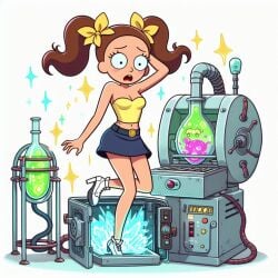 after_transformation ai_generated high_heels laboratory miniskirt morticia_smith morty_smith mtf_transformation rick_and_morty rule_63 tubetop twintails