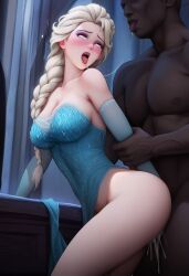 1boy 1girls african_male ahe_gao ai_generated blonde_female blonde_hair blue_eyes braid braided_hair clothed_female_nude_male cum cum_in_pussy cumshot dark-skinned_male elsa_(frozen) frozen_(film) holding_arm interracial interracial_sex light-skinned_female muscular_male saliva_trail