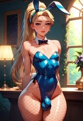 ai_generated big_ass blonde_hair blue_clothing blue_eyes bowtie bulge bulge_through_clothing bunny_ears bunny_tail bunnysuit femboy fishnets flaccid flat_chest makeup ponytail slim_waist small_penis tagme thick_thighs