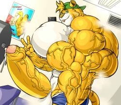 abs balls balls_out biceps big_pecs boner_out cock cum cumming dick furry green_cap gym_shorts hyper hyper_muscles josh_(zerozero) leaking_penis mirror_selfie muscles muscular_furr naked no_hands_selfie orgasm peace_sign pecs penis penis_out phone_in_pecs quads thicc thicc_muscles tiger triceps wearing_hat zerozero