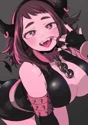 1girls 326xxx1 animal_ears big_breasts breasts brown_hair busty chains curvy fangs female female_only halloween my_hero_academia ochako_uraraka ochako_uraraka_(hero_outfit) open_mouth sharp_teeth solo spikes