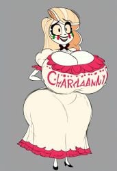 ai_generated ass_bigger_than_head breasts_bigger_than_head charlie_morningstar_(hazbin_hotel) cleavage clothed demon demon_girl dumptruck_ass female female_only hazbin_hotel huge_ass huge_breasts hyper_ass hyper_breasts maplecat no_bra revealing_clothes teasing