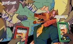 age_difference anthro balls bodily_fluids closed_eyes clothed clothing drinking drinking_urine erection faceless_character faceless_male genital_fluids genitals group hand_on_head hi_res holding_penis humanoid_genitalia humanoid_penis hyena jockstrap jockstrap_only male male/male mammal older_male peeing peeing_on_another penis public public_nudity recording striped_hyena taking_picture topless underwear underwear_only urine urine_in_mouth watersports yeenstank