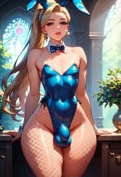 ai_generated big_ass blonde_hair blue_clothing bowtie bulge bulge_through_clothing bunny_ears bunnysuit femboy fishnets flaccid flat_chest makeup slim_waist tagme thick_thighs