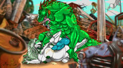 belly breasts bulge canine cum desert detailed_background dewlap fangs female glowing glowing_eyes highlights iguana inflation junkyard knot lizard magic male mammal nipples penis piercing raiden reptile scalie shiarah spikes straight teeth tongue were wolf