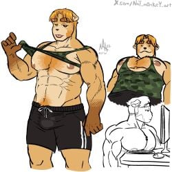 :3 anthro big_breasts big_muscles bulge_through_clothing bulge_under_clothes dilf isabella_(yonstar_estudios) isbel_(nat_monkey_art) muscular_anthro muscular_arms muscular_legs nat_monkey_art rule_63 shirt_lift short_hair