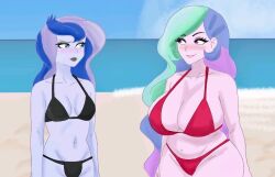 2girls bbw beach bikini black_bikini blue_body blue_hair colored_skin deviantart_link duo equestria_girls female_only friendship_is_magic human long_hair looking_at_another looking_each_other milf multicolored_hair my_little_pony pink_body pink_skin princess_celestia_(mlp) princess_luna_(mlp) principal principal_celestia red_bikini sarahthefox97 sisters slightly_chubby slightly_chubby_female two-piece_swimsuit two_piece_swimsuit two_tone_hair vice_principal_luna