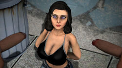 3d alley bioshock bioshock_infinite black_hair breasts chickitychina cleavage clothed clothing dark-skinned_male dark_skin elizabeth_comstock female jeans male penis purple_eyes source_filmmaker straight tank_top