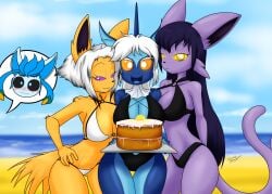 2023 5_fingers anthro arcadius_celestis beach big_breasts bikini birthday_cake black_bikini black_bikini_bottom black_clothing black_highlights black_inner_ear black_sclera black_swimwear blue_body blue_eyes blue_fur blue_hair blush breasts cake cleavage clothed clothing dessert eeveelution espeon female fin fingers food frill_(anatomy) fur generation_1_pokemon generation_2_pokemon generation_4_pokemon glaceon group hair hand_on_hip head_fin hi_res highlights_(coloring) jolteon long_hair looking_at_viewer male multicolored_hair nintendo open_mouth pokemon pokemon_(species) purple_body purple_eyes purple_fur purple_hair sandwich-anomaly sea seaside sky standing swimwear swimwear_only tail thigh_gap two_tone_hair vaporeon water white_bikini_bottom white_bikini_top white_eyes white_hair yellow_body yellow_fur yellow_sclera